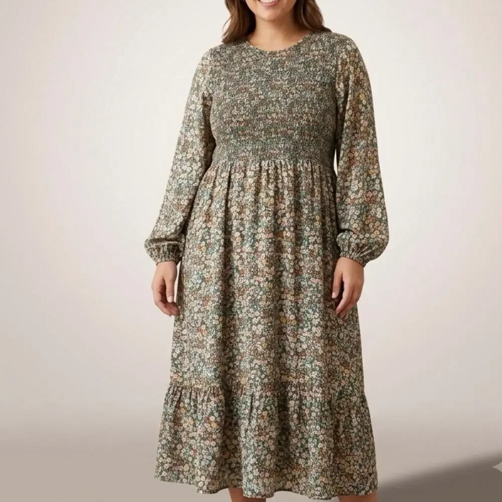 Old Navy Womens XXL Ditsy Floral Smocked Midi Dress Long Sleeve Rayon Boho Multi